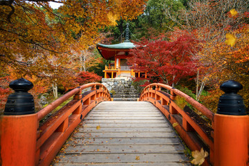 Fototapeta premium Wooded bridge in Daigoji temple with autumn