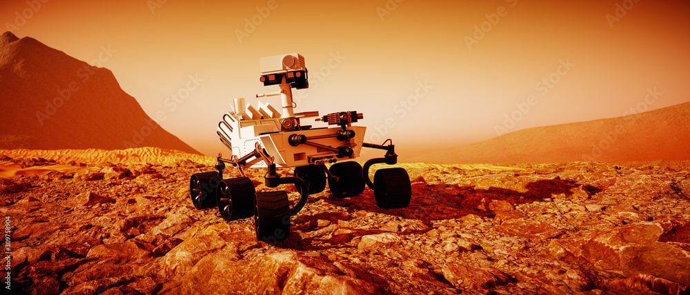Poster a mars rover explores the red planet (3d rendering)