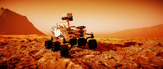 a mars rover explores the red planet (3d rendering) - obrazy, fototapety, plakaty