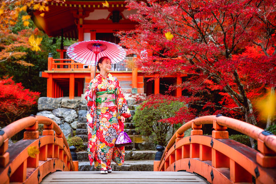 Japanese girl in kimono traditional dress walk in red bridge