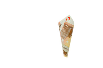 A 50 euro banknote curled into a cone shape on white background