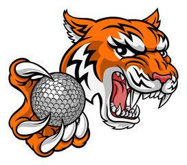 A tiger golf player cartoon animal sports mascot holding a ball in its claw