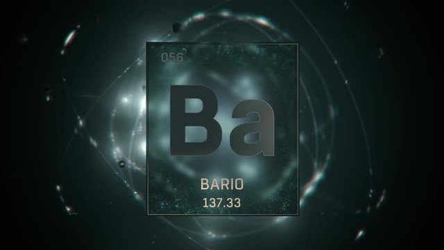 Barium as Element 56 of the Periodic Table. Seamlessly looping 3D animation on green illuminated atom design background with orbiting electrons. Name, atomic weight, element number in Spanish language
