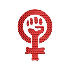  Female gender symbol. Fist raised. Feminism. Knitted texture. Vector image isolated on a white background.