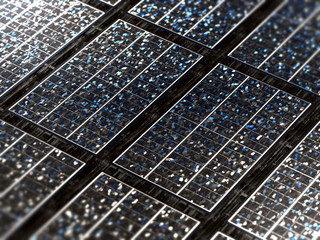Close-up on rows of small futuristic solar cells made of the last advanced technology
