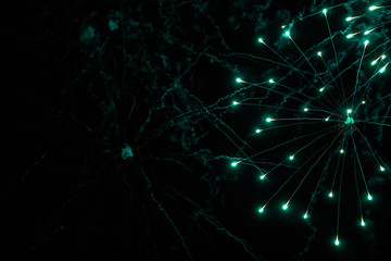Fototapeta premium Night sky salute. A photo of a salute in the sky. Abstract salute texture. Texture of bright lights, abstract figures in the sky. Multicolored flares of lights. Photo for textures and processing