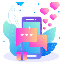 Dating app. Love message in smartphone with hearts. Vector flat concept.
