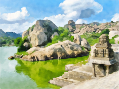 Watercolor mountain landscape. Pond Kalyana Mahal  to GINGEE  fort. India, State of Tamil Nadu. Travel, tourism. Digital painting - illustration. Watercolor drawing.