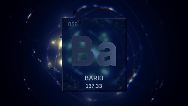Barium as Element 56 of the Periodic Table. Seamlessly looping 3D animation on blue illuminated atom design background with orbiting electrons. Name, atomic weight, element number in Spanish language