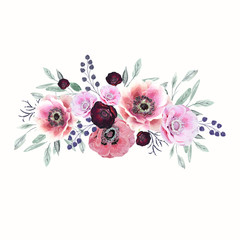 Watercolor burgundy, pink flowers. Floral illustrations, leaves and twigs. Botanical composition for a wedding, greeting card.