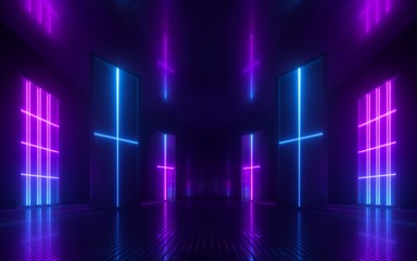 3d abstract neon background, violet blue glowing lines, cross symbol, vertical panels, performance stage decorations, modern technology concept