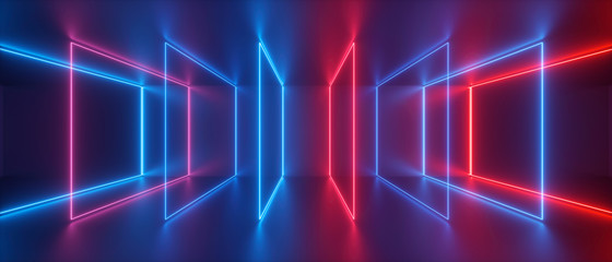 3d render, abstract background, blue red neon light, holographic technology, square frames sequence, digital file storage metaphor, virtual reality, ultraviolet spectrum, laser show