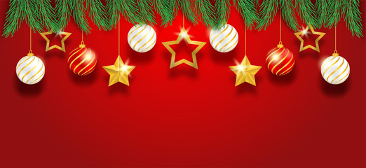 Happy new year and Merry Christmas. Design with christmas tree, star and ball on red background. vector. illustration.