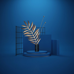 3d render. Abstract minimal background. Golden palm leaf in black marble vase, interior mock up, showcase, primitive shapes, art deco shop display. Classic blue color of the year 2020