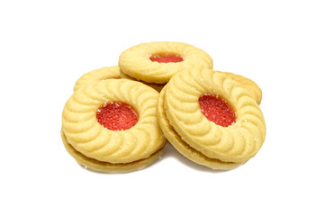 Lychee flavoured jam sanwiched between two cream cookies, Isolated on white background. Tasty treats that are just as fun to eat as they are delicious. They are a great on-the-go allergy free snack.