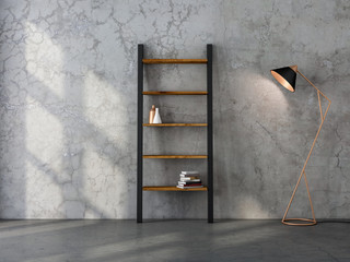 Wooden shelving with lamp indoor