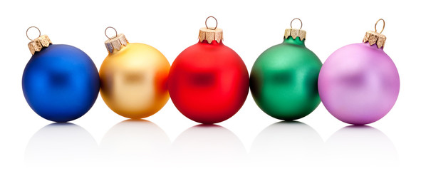 Five Christmas colored baubles Isolated on a white background