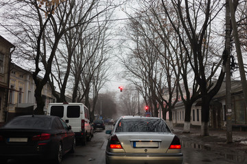 Foggy road and cars