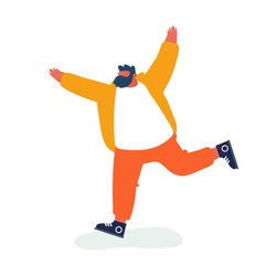 Goal Achievement or Successful Business Deal Concept. Young Business Man Wearing Casual Suit and Sneakers Happily Run on White Background. Contract Signing, Triumph. Cartoon Flat Vector Illustration