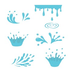 Water and drop icons. Blue waves and water splashes set