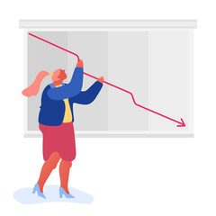 Economy Crisis Statistics. Businesswoman Loss of Income. Stressed Manager Watching at Declining Arrow Diagram on Screen and Trying to Rise it Up. Loss Investment Cartoon Flat Vector Illustration
