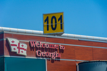 TBILISI, GEORGIA. JULY 24, 2019. Tbilisi welcome sign at the gate apron Tbilisi International