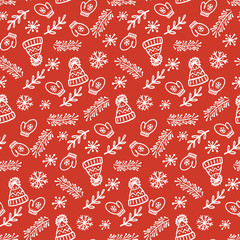 Winter cap hand drawn seamless vector pattern. Christmas sketch texture. Winter holiday nice illustration. New Year textile, wrapping paper, background design