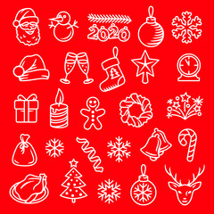 Happy New Year and Merry Christmas vector isolated white and red icons set 2020