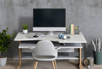 3D render of interior modern living room workspace with desk and desktop computer