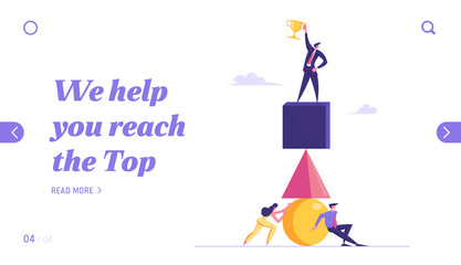Goal Achievement, Teamwork Website Landing Page. Businesspeople Building Pyramid of Huge Geometrical Figures. Leader Stand on Top with Golden Trophy Web Page Banner. Cartoon Flat Vector Illustration