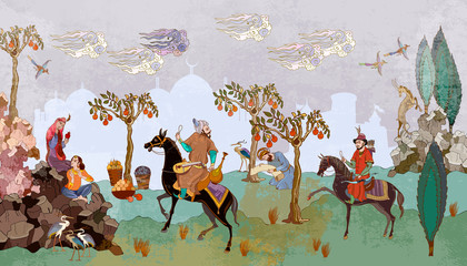 Fairy tales and legends of the Middle East. Medieval miniature. Mughal art. Horsemen and oasis. Persian frescoes. Travel of heroes. Ancient civilization murals. Ottoman Empire