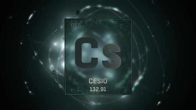 Cesium as Element 55 of the Periodic Table. Seamlessly looping 3D animation on green illuminated atom design background with orbiting electrons. Name, atomic weight, element number in Spanish language