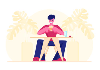 Hungry Male Character Eating Hamburger Sitting in Fast Food Cafe Relaxing during Business Lunch Time or on Weekend. Hospitality Service, Fastfood Gastronomy Concept Cartoon Flat Vector Illustration