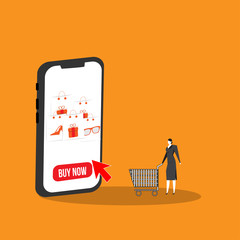 Online Shopping. Young Woman with Trolley. Huge Smartphone with Online Shop Application. Icons Flying Out of Shopping Cart with Purchases Isolated on White Background Cartoon Flat Vector Illustration