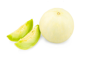 Fresh honey dew or melon slice fruit isolated on white background with clipping path