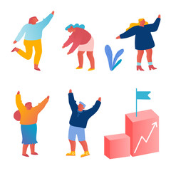 Set of Office Workers Rejoice for Rising Diagram Isolated on White Background. Businessman and Businesswoman Finance Success. Happy Male Female Characters Cartoon Flat Vector Illustration, Clip Art