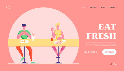 Characters Visiting Junk Food Cafe Website Landing Page. Visitors Man and Woman Sitting at Desk Eating Fastfood in Restaurant. Leisure Rest Sparetime Web Page Banner. Cartoon Flat Vector Illustration