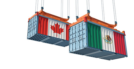 Freight container with Mexico and Canada national flag. Isolate on white. 3D Rendering