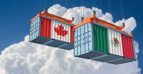 Freight container with Mexico and Canada national flag. 3D Rendering