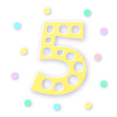 Number Five in paper cut style on white background. Typographic design. Bold yellow number