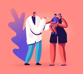 Young Friendly Doctor Put Hypodermic Injection to Baby Sitting on Mother Arms. Illness Treatment, Health Care, Hospital Illness Prevention, Diseased Child Immunization Cartoon Flat Vector Illustration