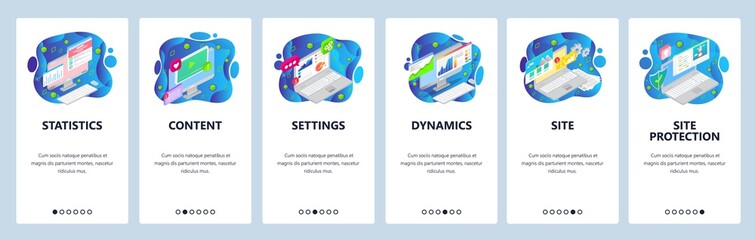 Mobile app onboarding screens. Business analytics and finance charts, video content, laptop, statistics. Vector banner template for website and mobile development. Web site design flat illustration