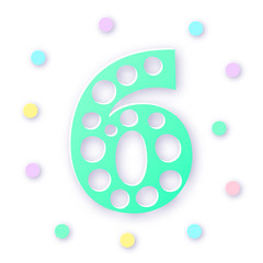 Number Six in paper cut style on white background. Typographic design. Bold green number
