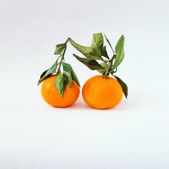 Tangerine on white background. Tangerine or Clementine with green leaves isolated on white background