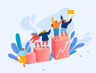 Fototapeta na wymiar Teamwork and Leadership Concept. Business Team Climbing Up Column Chart with Leaders Stand with Hoisted Flag on Top. Businesspeople Pull Teammates to Peak of Success. Cartoon Flat Vector Illustration
