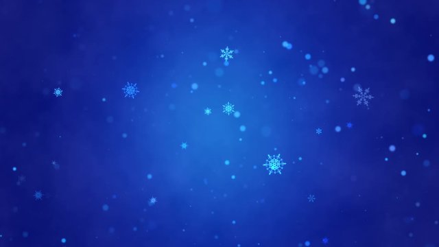 Snow falls and decorative snowflakes. Winter, Christmas, New Year. Dark blue artistic background. 3D animation. Quick Time, h264, 16-bit color, highest quality.