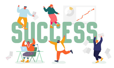 Fototapeta na wymiar Business Success Concept. Joyful People Dance and Throw Papers after Successful Deal or Contract Signing. Managers Team Rejoice Grow Chart Poster Banner Flyer Brochure Cartoon Flat Vector Illustration