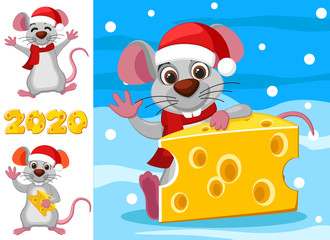 Set mouse with cheese on winter background and isolated. Christmas
