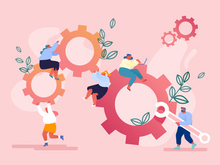 Fototapeta premium Male and Female Characters Moving Huge Gear Mechanism Using Wrench, Feet and Arms. Woman Managing Cogwheel Process at Pc. Working Routine Process and Teamwork Concept. Cartoon Flat Vector Illustration