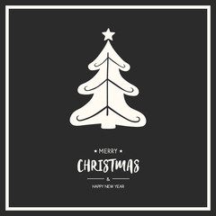 Merry Christmas and Happy New Year. Xmas card with hand drawn tree and greeting. Vector
